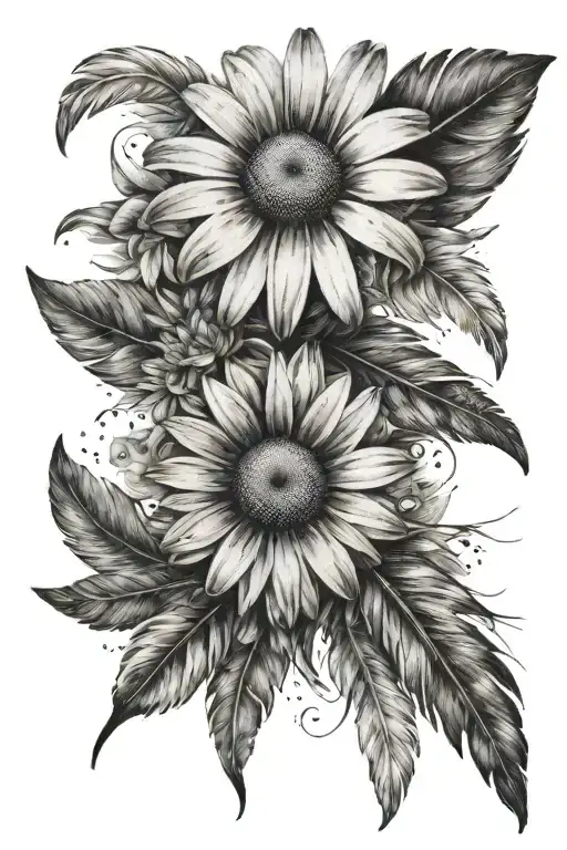daisy and 2 feathers falling tattoo design idea