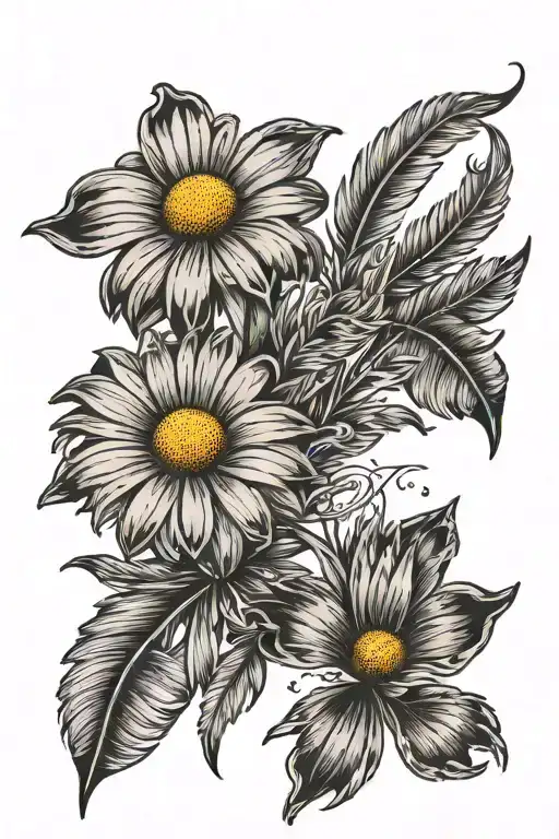 daisy and 2 feathers falling tattoo design idea