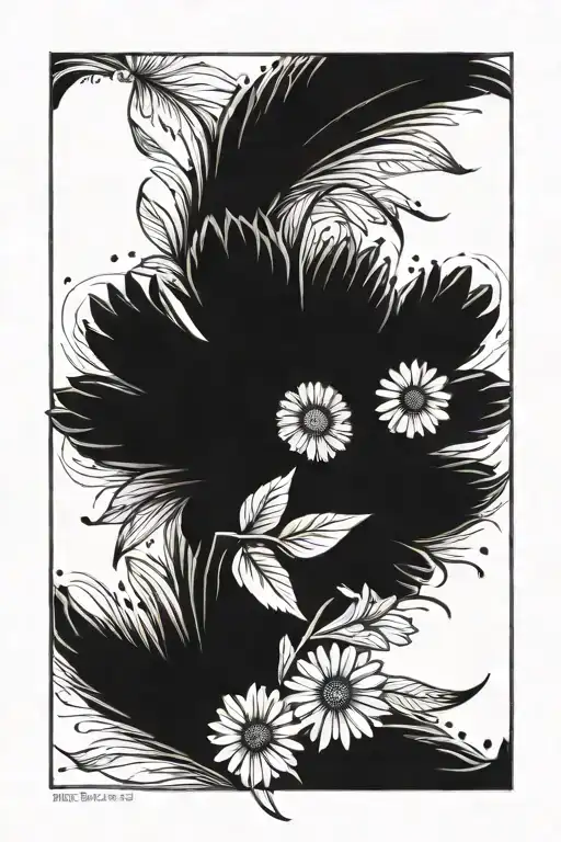 daisy and 2 feathers falling tattoo design idea