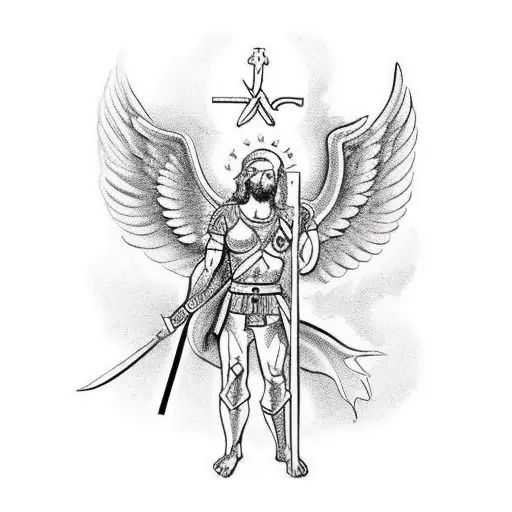 Tel Aviv st Michael standing over Lucifer with sword. European traditional style tattoo design idea