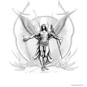 Tel Aviv st Michael standing over Lucifer with sword. European traditional style tattoo design idea
