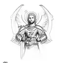 Tel Aviv st Michael standing over Lucifer with sword. European traditional style tattoo design idea