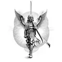 Tel Aviv st Michael standing over Lucifer with sword. European traditional style tattoo design idea