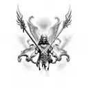 Tel Aviv st Michael standing over Lucifer with sword. European traditional style tattoo design idea