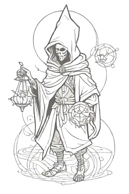 a simplistic, full body, black and white tattoo design of a hooded jester with alchemy symbols floating above his head tattoo design idea