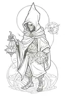 a simplistic, full body, black and white tattoo design of a hooded jester with alchemy symbols floating above his head tattoo design idea