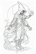 a simplistic, full body, black and white tattoo design of a hooded jester with alchemy symbols floating above his head tattoo design idea