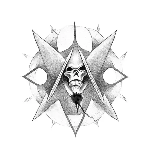 A bold and intricate blackwork tattoo depicting the Grim Reaper holding a pentagram, with blood dripping from the edges tattoo design idea