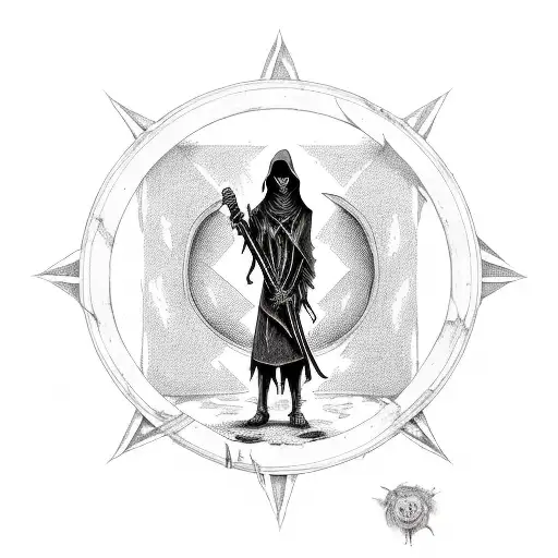 grim reaper holding a scythe in its right hand, a bloody torn piece of cloth in it's left standing front a pentagram tattoo design idea