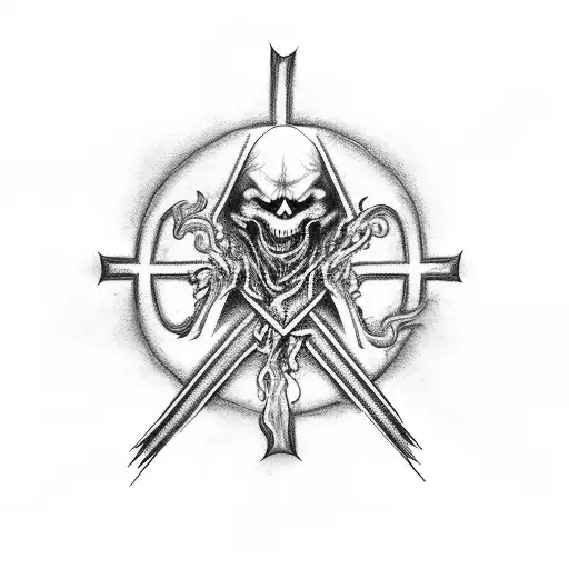 A striking black and grey illustration of a demonic figure holding an upside down cross, surrounded by swirling smoke tattoo design idea