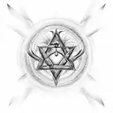 A mesmerizing black and grey tattoo of a pentagram intertwined with a sigil of Baphomet, surrounded by flickering candles in the background tattoo design idea