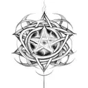 A mesmerizing black and grey tattoo of a pentagram intertwined with a sigil of Baphomet, surrounded by flickering candles in the background tattoo design idea