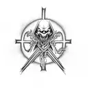 A striking black and grey illustration of a demonic figure holding an upside down cross, surrounded by swirling smoke tattoo design idea