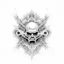 A striking black and grey illustration of a demonic figure holding an upside down cross, surrounded by swirling smoke tattoo design idea