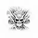 A striking black and grey illustration of a demonic figure holding an upside down cross, surrounded by swirling smoke tattoo design idea