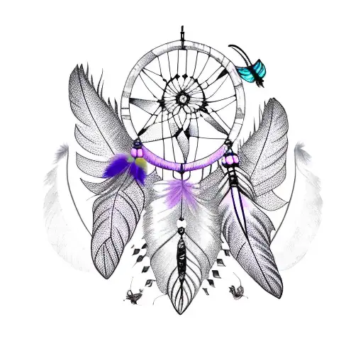 dreamcatcher with black strings and black feathers with purple and teal butterflies and moths tattoo design idea