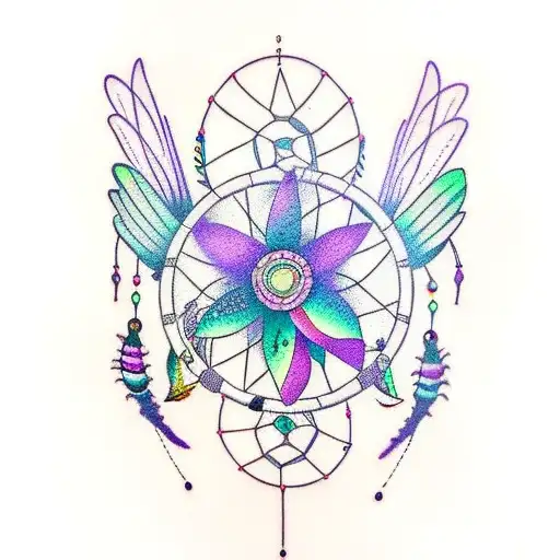 dreamcatcher with purple and teal butterflies and moths tattoo design idea