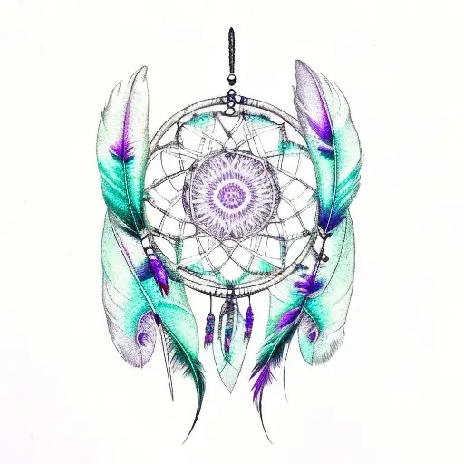 dreamcatcher with black strings and feathers with purple and teal butterflies and moths tattoo design idea