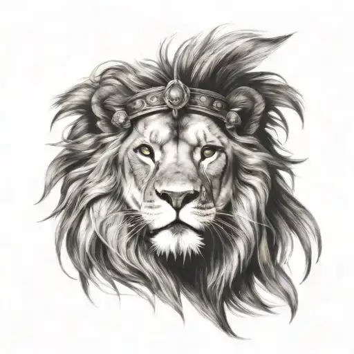 Create a lion headdress tattoo with a woman's face subtly integrated into the design tattoo design idea