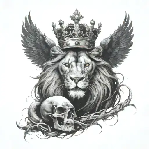 a black lion with a silver crown and a crow made of black smoke flying above him and a snake skeleton around the lion tattoo design idea