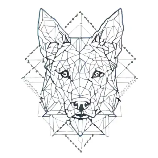 Half realistic dog half geometric outline of dog's face With rhombus design outlining the entire image tattoo design idea