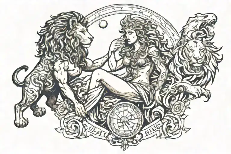 Godess félicitas and the titan atlas holding the world, and lion  tattoo design idea