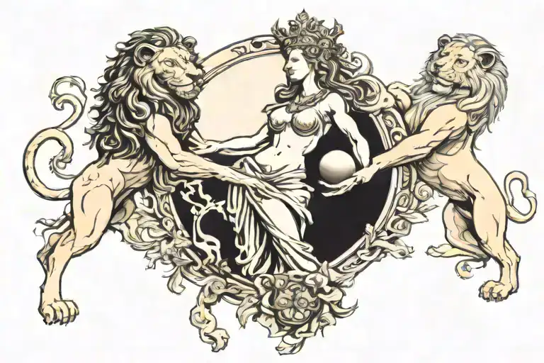 The goddess felicitas in the center with Atlas at her side holding the world with this arm,  two lion on colum both side tattoo design idea
