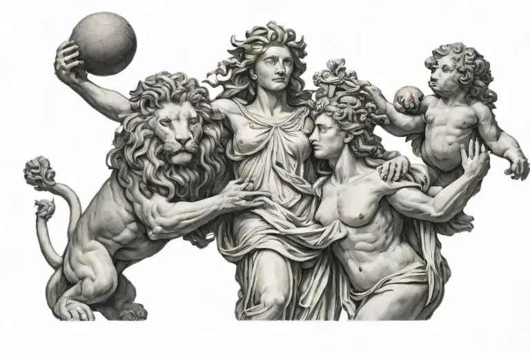 The goddess felicitas in the center with Atlas at her side holding the world with this arm,  two lion on colum both side tattoo design idea