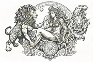 Godess félicitas and the titan atlas holding the world, and lion  tattoo design idea