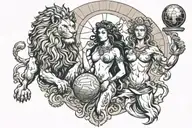 Godess félicitas and the titan atlas holding the world, and lion  tattoo design idea