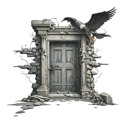 Create a tattoo idea, a tilted outer door from a building, darkness, the fight between good and evil . Realistic tattoo  tattoo design idea