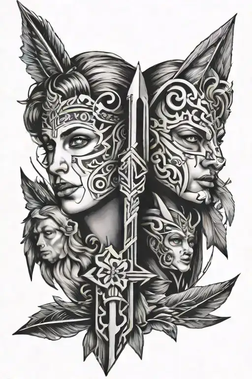 arrow splitting two faces, one of a leo the other of a virgo tattoo design idea