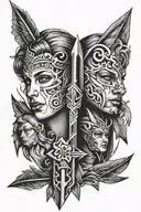 arrow splitting two faces, one of a leo the other of a virgo tattoo design idea