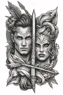 arrow splitting two faces, one of a leo the other of a virgo tattoo design idea