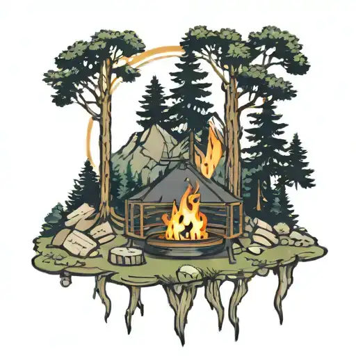 pine forest scene with mountains fire pit and music  tattoo design idea