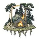 pine forest scene with mountains fire pit and music  tattoo design idea