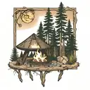 pine forest scene with mountains fire pit and music  tattoo design idea