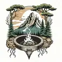 pine forest scene with mountains fire pit and music  tattoo design idea