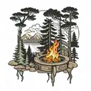 pine forest scene with mountains fire pit and music  tattoo design idea