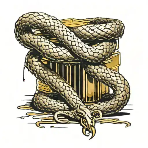 A venomous snake coiled around a stack of gold bars, dripping golden poison from its fangs tattoo design idea