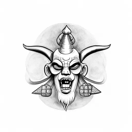 A Chicana clown wearing a,baphomet mask tattoo design idea
