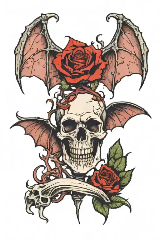 a bold red rose at the top and a skeletal bat with extended wings below it. The bat's bones, including its skull and rib tattoo design idea