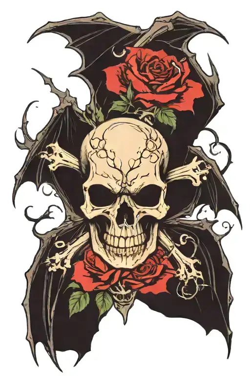 a bold red rose at the top and a skeleton bat with extended wings below it. The bat's bones, including its skull and rib tattoo design idea