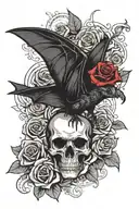 a bold red rose at the top and a bat as a skeleton extended wings below it. The bat's bones, including its skull and rib tattoo design idea