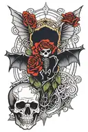 a bold red rose at the top and a bat as a skeleton extended wings below it. The bat's bones, including its skull and rib tattoo design idea