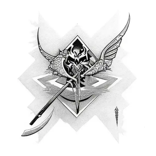 An intricate tattoo design combining elements of Metallica's logo with a trout fishing scene tattoo design idea