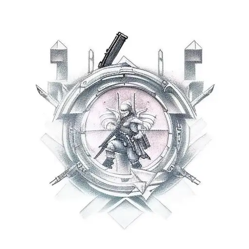 A tattoo design of a gun with Final Fantasy inspired symbols and characters tattoo design idea
