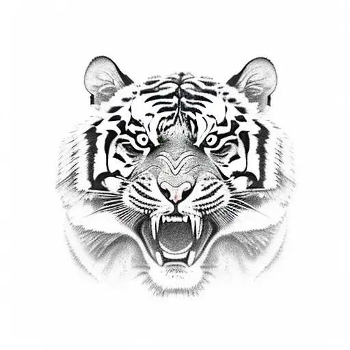 A realistic portrait of a tiger roaring in front of a river tattoo design idea
