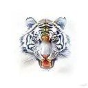 A realistic portrait of a tiger roaring in front of a river tattoo design idea