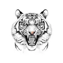 A realistic portrait of a tiger roaring in front of a river tattoo design idea